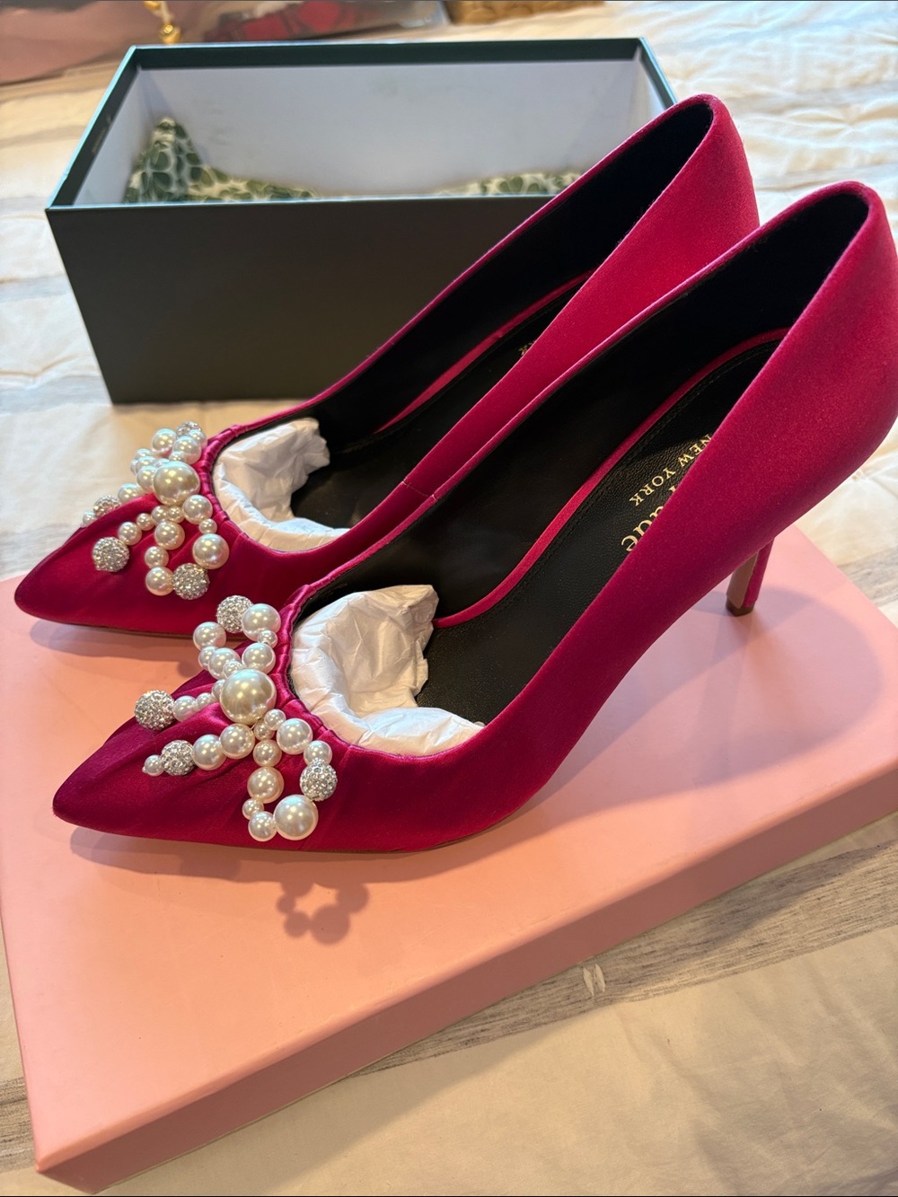 kate spade Elodie Pink Satin Heels with Pearl & Crystal Bows - Picture 4 of 7